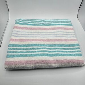 Vintage Stevens White Pink Blue Green Striped Bath Towel USA 51" x 34"